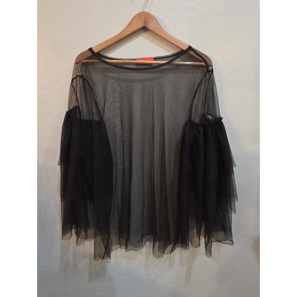 Vintage Rainbow Black Sheer Mesh Top Tiered Ruffle Sleeve Blouse large Shirt